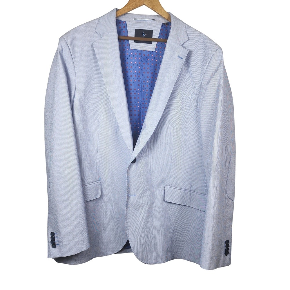 Tailorbyrd Blazer Sport Coat Mens 48L Blue White Stripe Stretch Fit Elbow Patch